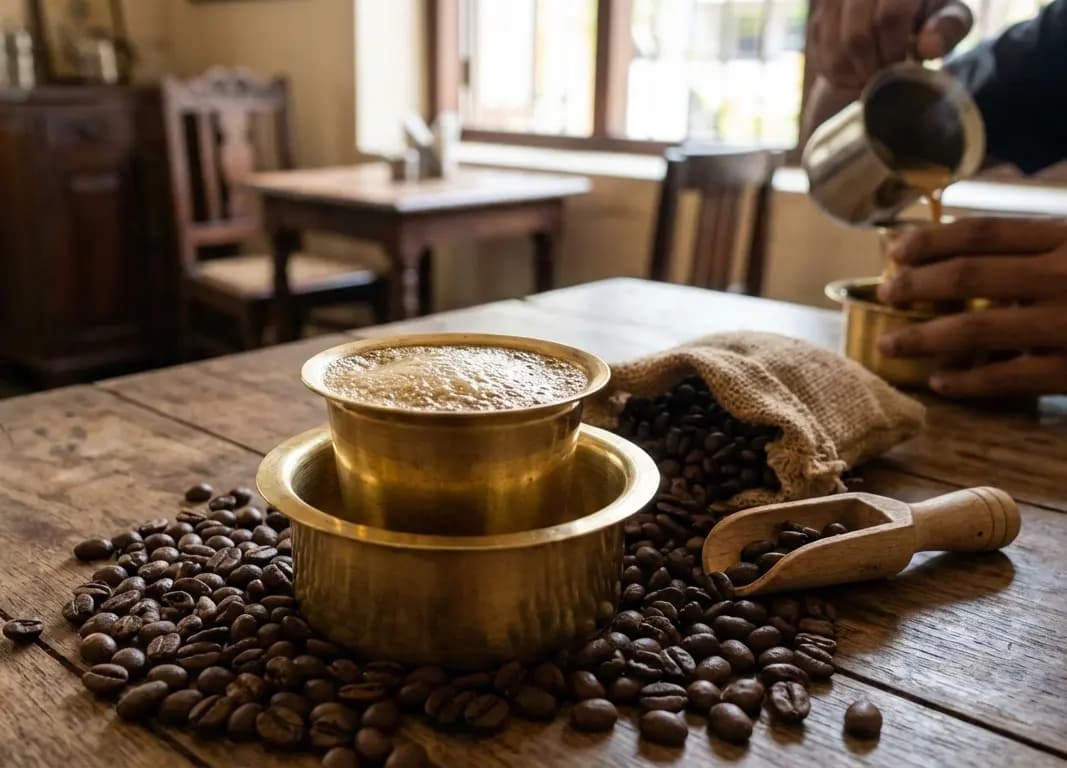 Traditional South Indian filter coffee with brass cup