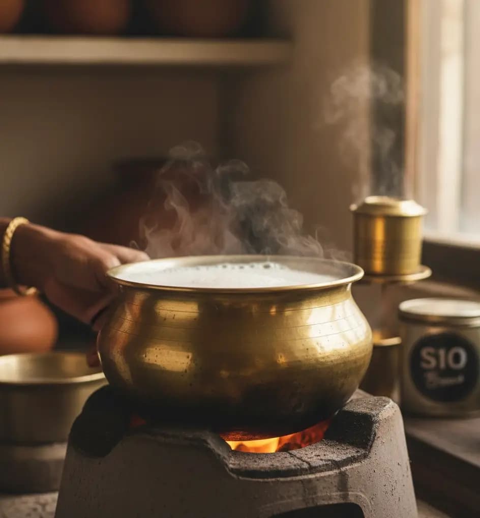 Boiling milk in brass pot on stove