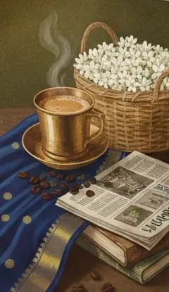 Coffee cup with jasmine flowers and newspaper