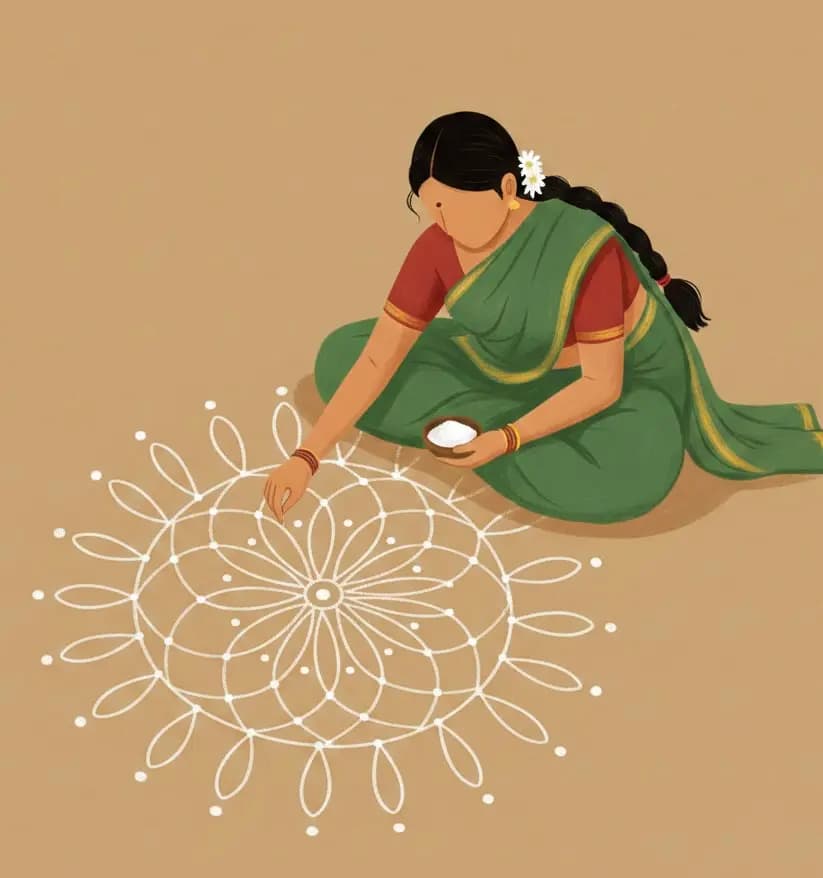 Woman putting kolam - traditional South Indian art
