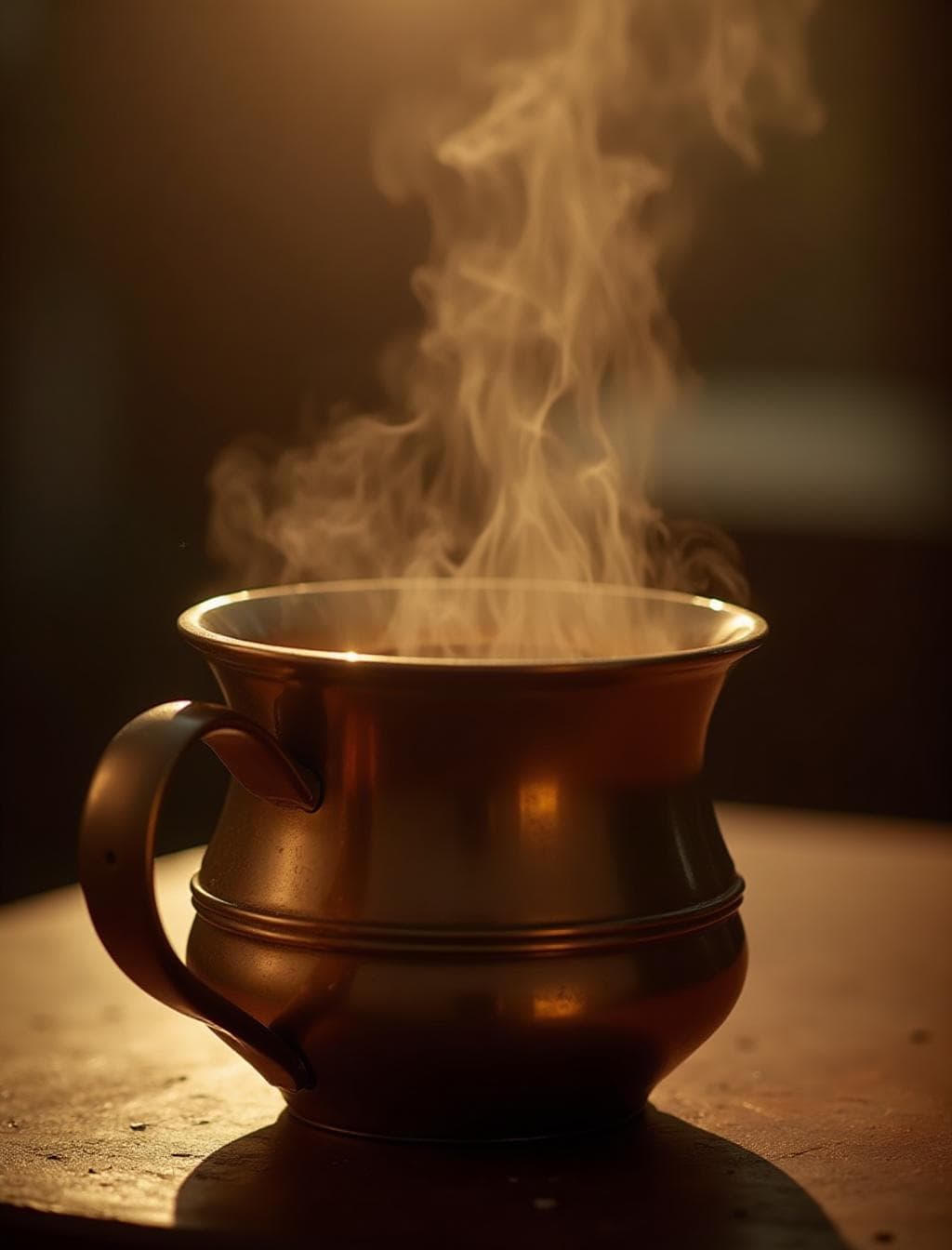 Traditional brass coffee cup with steam